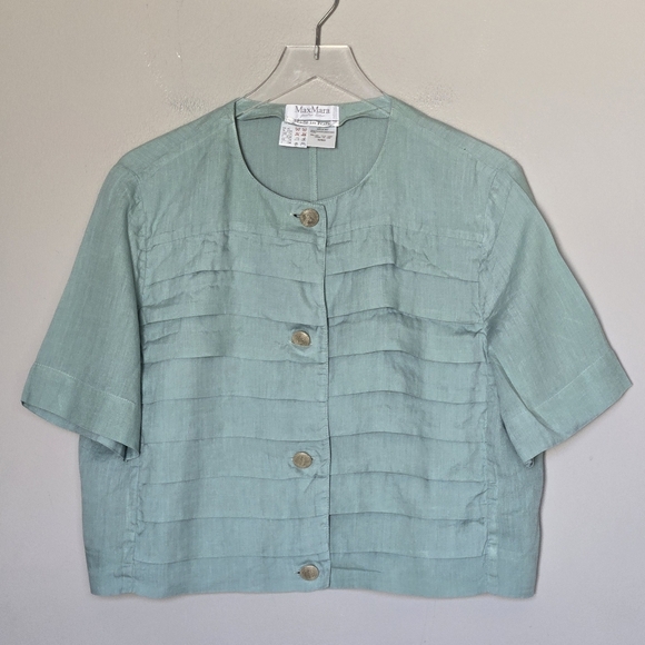MaxMara Pleated 100% Linen Short Sleeve Cropped Top in Sage Green Italy Size 14 - Picture 6 of 7